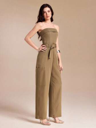 Spring Affair จั๊มพ์สูททำงานผู้หญิงสีพื้น ไร้หูหิ้ว กระเป๋าเสื้อโค้ท