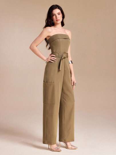 Spring Affair Strapless Solid Color Belt Cargo Pocket Workwear Women Jumpsuit Strapless Jumpsuit