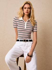 Poéselle Women Striped Polo Neck Short Sleeve Casual Versatile T-Shirt