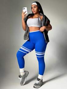 SHEIN Sports Plus-Size Women's Seamless Royal Blue Sports Leggings With White Stripes-Perfect For Yoga, Daily Wear, Casual, And Fitness Styles. - Blue - View 6