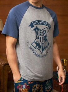 HARRY POTTER X SHEIN 2pcs/Set Men Summer Animal Badge & Letter Graphic Colorblock Raglan Sleeve T-Shirt And Shorts Loungewear Set