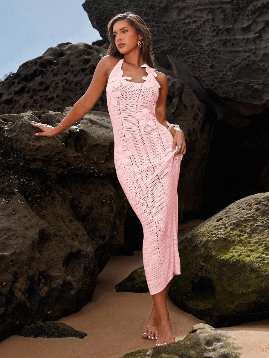 SHEIN BAE Vacation Style Sexy See-Through Knitted Women Dress