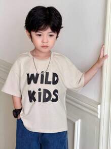 SHEIN 男童休闲英文字母印花短袖T恤 - 灰色 - 查看 2