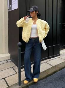 Muchica Nouvelle veste ample courte en jacquard jaune d'automne, col rond
