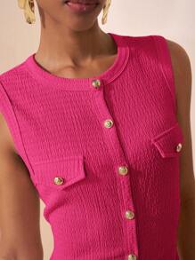 Zivah Rochie lungă pentru femei, de primăvară și vară, casual și elegantă, cu guler rotund, fără mâneci, decorată cu catarame metalice, cu coadă de pește, cu clapă deschisă, din material tricotat texturat negru, B - Roz fierbinte - Vizualizare 6