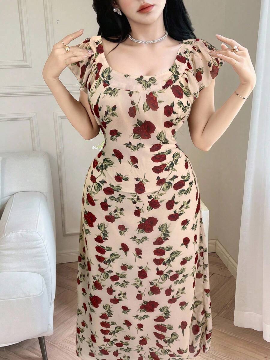 Modelyn 荷葉邊飾、收腰蝴蝶結、優雅浪漫度假洋裝 - 杏色 - 查看 1