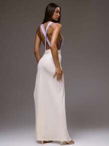 MUSERA 撞色系带细节时髦可爱春夏镂空长裙度假婚礼宾客之夜外出婚礼宾客优雅约会之夜秋季毕业长裙 - 彩色 - 查看 4