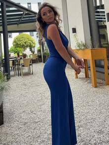 Jeta Ari Bộ vest màu trơn thanh lịch và quần ống rộng - Xanh đậm - Xem 5