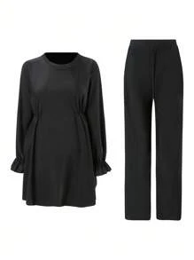 Swim Mulvari 2pcs/Set Women Oversized Modest Solid Black Long Sleeve & Pants Casual Swimsuit For Summer Beach Vacation