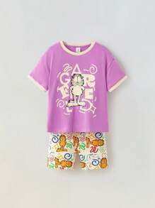 Maija Kids GARFIELD | SHEIN Maija Kids Bộ 2 áo thun tay ngắn cổ tròn in hình mèo cho bé gái và quần short - Màu tím - Xem 5