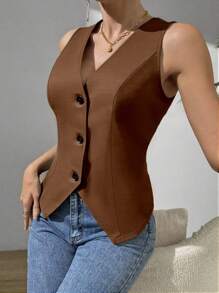 Zielony Damska kamizelka bez rękawów, swobodna, z rozcięciem, w stylu Maillarda, letnia, brązowa, na studia - Kawowy brązowy - Zobacz 1