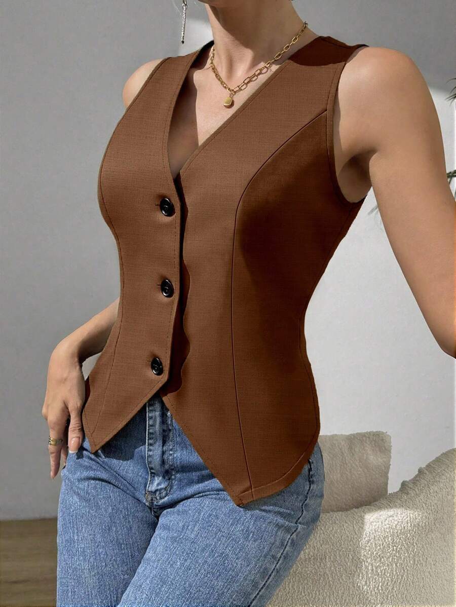 Zielony Damska kamizelka bez rękawów, swobodna, z rozcięciem, w stylu Maillarda, letnia, brązowa, na studia - Kawowy brązowy - Zobacz 1