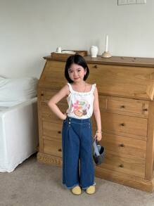 年轻女孩休闲百搭日常百搭纽扣前部细节松紧腰毛边阔腿牛仔裤 - 深色水洗藍 - 查看 5