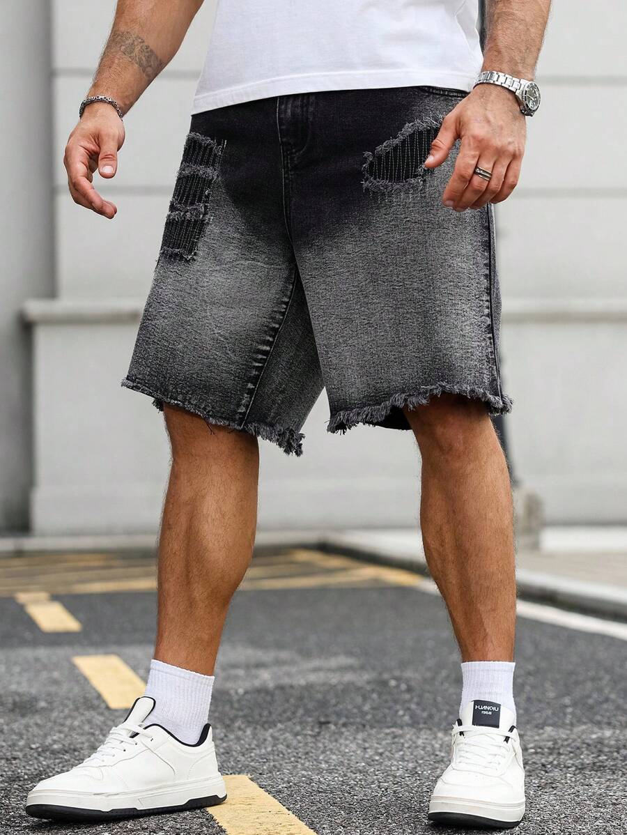 Manfinity Homme Celana Pendek Denim Kasual Pria Ukuran Besar untuk Aktivitas Luar Ruangan dan Gaya Jalanan - Grey - View 1