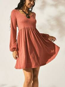 Easelle Damen Western Boho Rundhals Laternenärmel Rücken Twist Casual Ziegelrot Gestrickte Baumwolle Nackter Rücken Träger Kleid Herbst Damen Kleidung