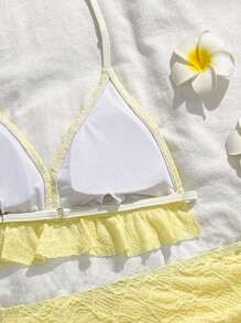 Tween Girls 3Pcs Bikini Sets, 2025 New Style Yellow Casual Textured Swimwear, Fashion Leisure Delicate Elegant Set Suitable For Swimming, Beach, Pool, Photo Shoot, Gift