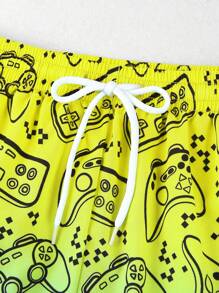 青少年男童两件套泳衣套装 - 电子游戏印花泳裤（带防晒衣），夏季沙滩装 - 青碧色 - 查看 4