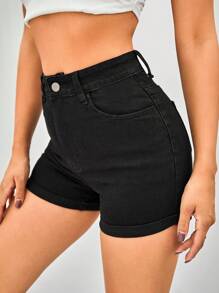 SHEIN Tall Fashionable Casual High-Waisted Black Denim Shorts With Rolled Hem For Summer - Black - View 5