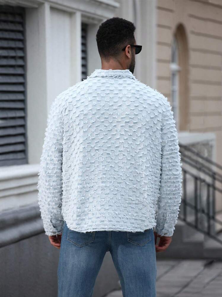 Manfinity Homme Áo sơ mi denim tay dài viền tua rua cài nút phía trước cỡ lớn dành cho nam, áo khoác denim họa tiết, mùa thu - Màu xanh lam - Xem 2