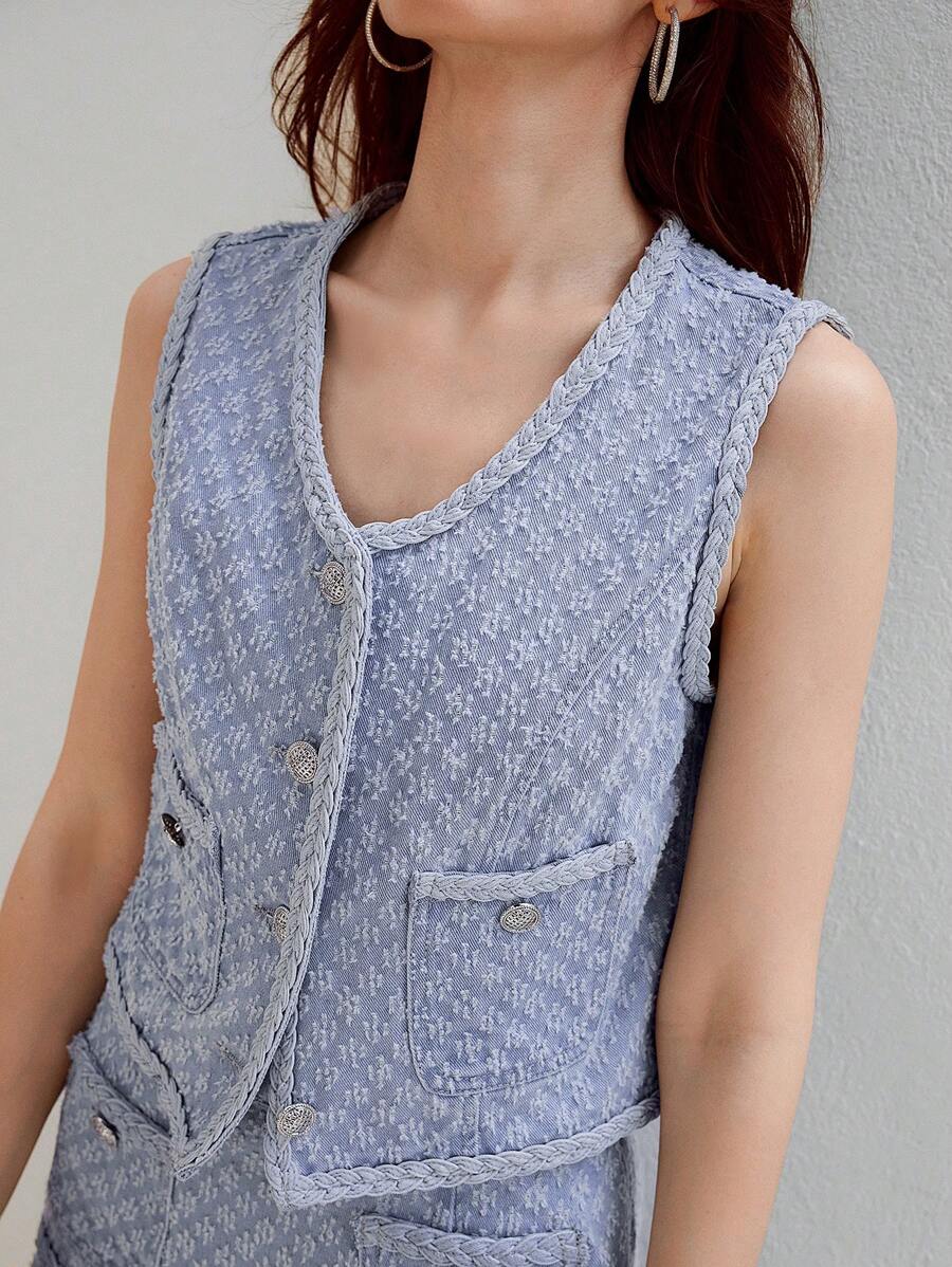 MOTF PREMIUM TEXTURED KNIT PATCH POCKET DENIM VEST JACKET - Blue - View 2
