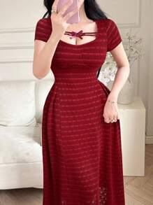 Feyla Robe courte d'été élégante pour femmes avec décoration nœud et rayures - Rouge - Voir 5