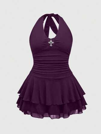 J-Fashion Damen Große Größen mehrschichtiges Kreuz Dekor Neckholder Mini Punk Kleid