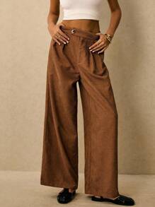 Poéselle 女秋季休闲百搭纯色阔腿裤，高腰阔腿裤，棕色灯芯绒裤女，高腰裤 - 棕色 - 查看 4
