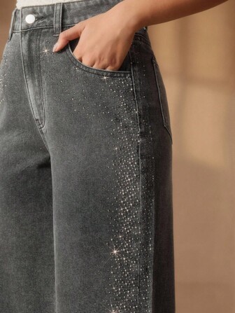 SHEIN X Jwoww Anewsta Chaebol Heavy Industry Strassutsmyckade Svarta Damjeans med Raka Ben