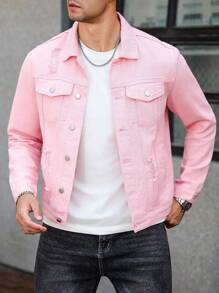 Manfinity Homme 男士长袖单排扣破洞口袋牛仔夹克，粉色，秋季 - 粉色 - 查看 4