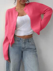 SHEIN BASICS Solid Color Crew Neck Long Sleeve Loose Cropped Cardigan Sweater For Women Fall Clothes For Women,Tops For School - Hot Pink - View 5