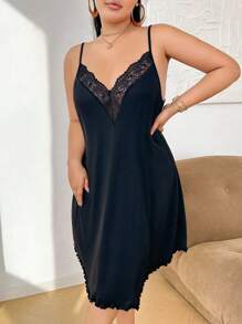 SHEIN Robe de nuisette avec empiècement en dentelle col V, vêtement décontracté pour femme, robe de nuit