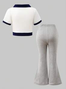 Young Girl Summer Casual Color Block T-Shirt And Flare Pants 2pcs Set - Blue - View 2