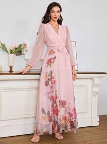 Modelyn Elegant Fitted Floral Bodycon Dress For Women, Slimming & Luxurious - Pink - View 3