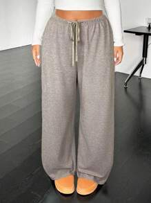 SHEIN EZwear 大码休闲抽绳针织直筒裤 - 卡其色 - 查看 1