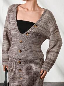 CLARA VERO Women's Striped Deep V Neck Button Down Drop Shoulder Long Sleeve Knit Casual Dress,Petite - Brown - View 7