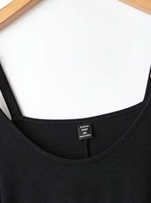 Mulvari Plus Size Round Neck Off Shoulder Mixed Fabric Splicing A-Line Casual Simple Dress - Black - View 3