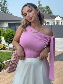 Jeta Ari 优雅女士不对称领斜肩系带衬衫，适合日常穿着、约会、郊游、夜总会、派对和聚会 - 淺粉色 - 查看 5