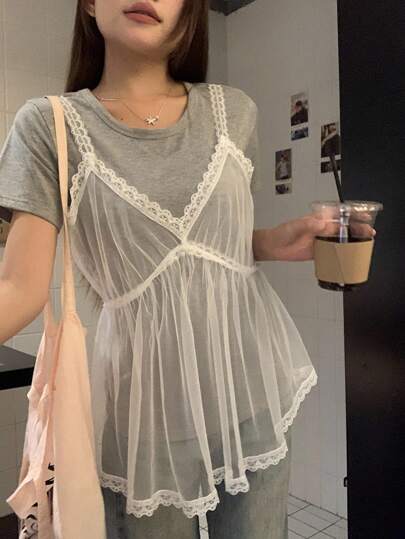 Women's Mesh Patchwork See-Through T-Shirt, Spring/Summer