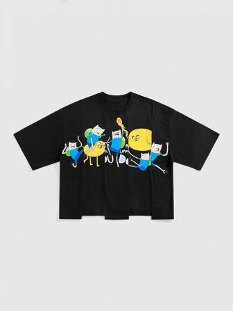 Adventure Time X ROMWE T-shirt da uomo a maniche corte con stampa asimmetrica e effetto patchwork, vestibilità morbida e corta