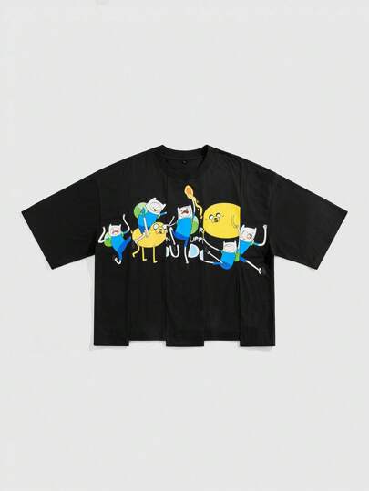 Adventure Time X ROMWE Men's Asymmetrical Print Patchwork Short Sleeve T-Shirt, Loose Cropped Fit