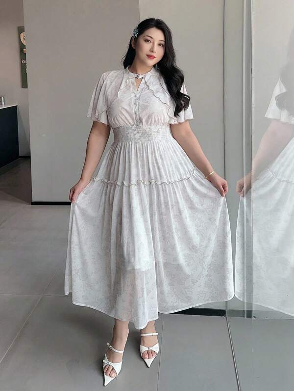 Dazy Plus Ditsy Floral Chiffon Dress With Cape, Long Dress For Women, Suitable For Date, Summer