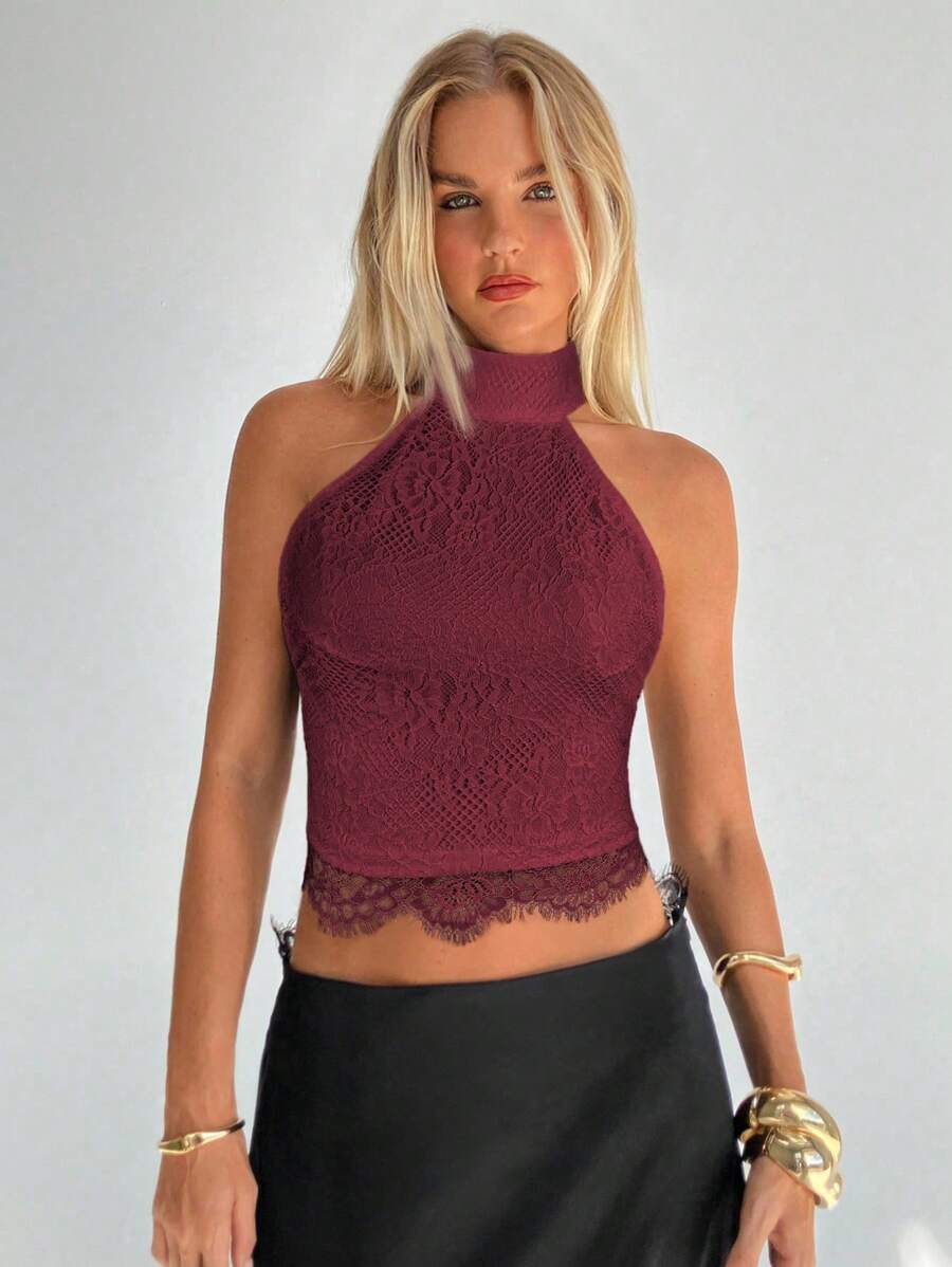 Aloruh Damen Burgunderrot Spitze Trägertop mit offener Rückseite, sexy Cami - Bordeaux - Übersicht 1