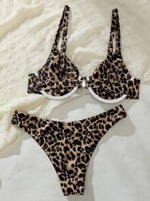 SHEIN Swim Vcay Women's Leopard Print Casual Bikini Set For Summer Beach Vacation - Khaki - View 2