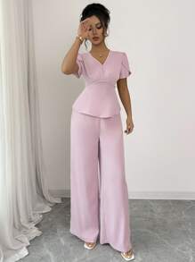 Elenzga 2pcs/Set Women V-Neck Waist Design Faux Pearl Decor Short Sleeve Top And Straight Leg Pants Set, Elegant - Pink - View 1