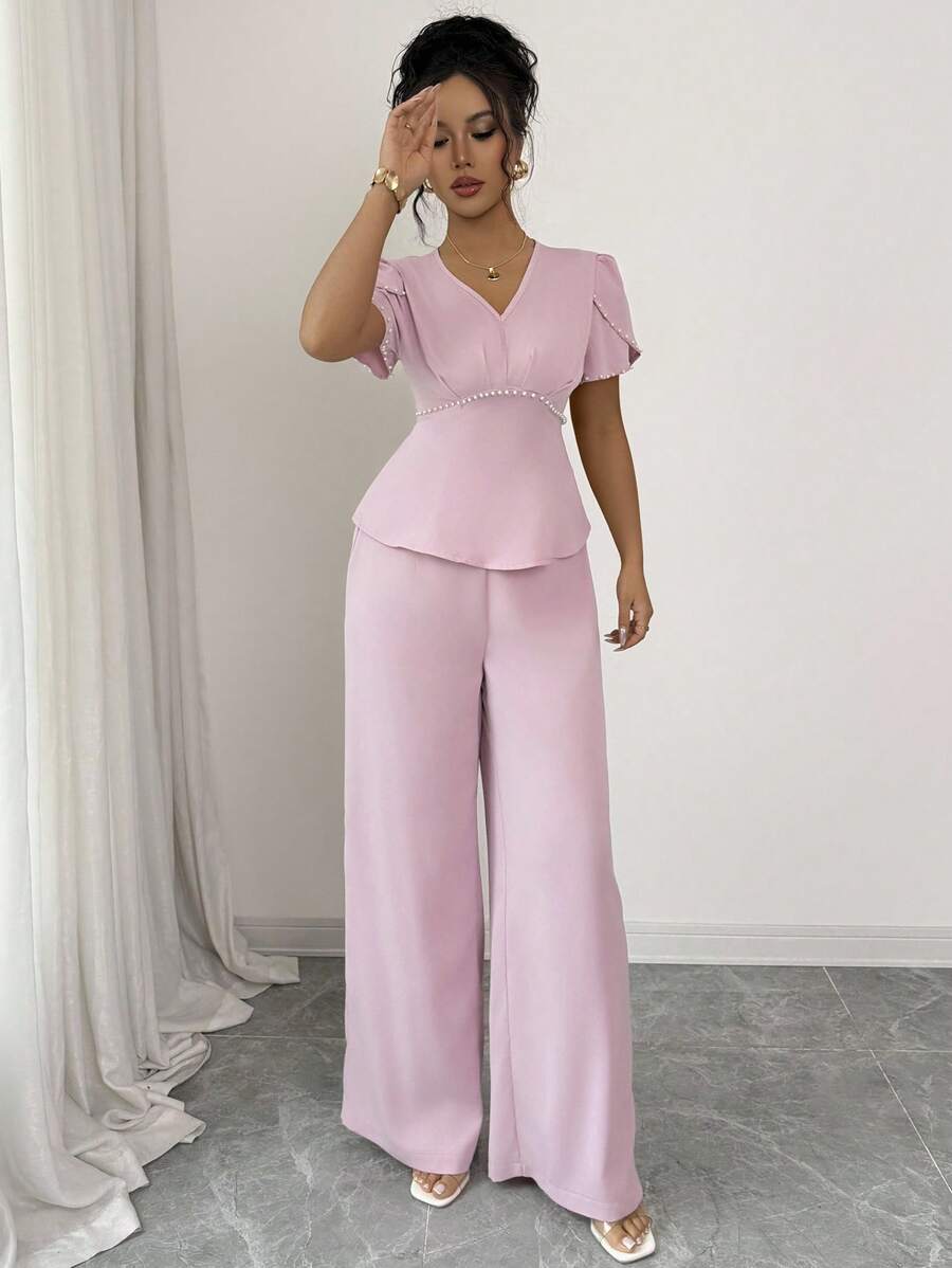 Elenzga 2pcs/Set Women V-Neck Waist Design Faux Pearl Decor Short Sleeve Top And Straight Leg Pants Set, Elegant - Pink - View 1
