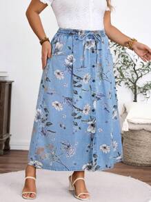 EMERY ROSE Váy mini denim thường ngày họa tiết hoa có dây rút eo cỡ lớn dành cho nữ, mùa hè - Màu xanh nhạt - Xem 3