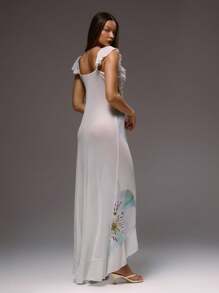 MUSERA 花卉荷叶边不对称下摆花卉长裙，性感夏季伊比沙岛度假可爱度假婚礼宾客之夜优雅约会之夜长裙 - 彩色 - 查看 4