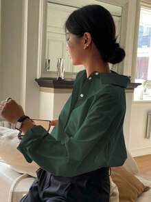 DAZY Women Single-Breasted Long Sleeve Casual Office Shirt, Solid Color - Dark Green - View 2