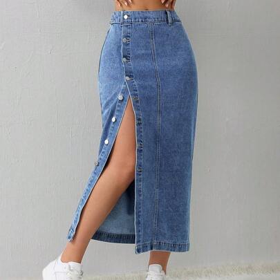 Gonna di jeans blu da donna, gonna midi da ufficio, gonna a matita da estate, gonna di jeans con spacco