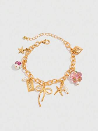 Fairycore 1pc Fashionable Ocean Style Minimalist Starfish/Floral/Bow/Pearl/Heart Bracelet, Women Casual Outfit Charm Accessory, Holiday Gift